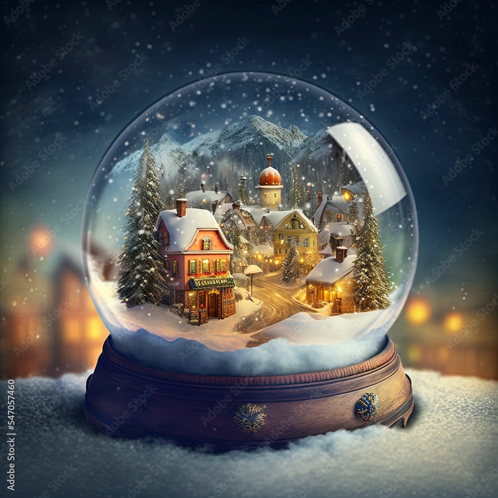 Wall mural winter wonderland with little town and christmas tree inside a snow globe , snowing, festive.