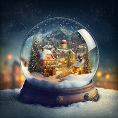 winter wonderland with little town and Christmas tree inside a snow globe , snowing, festive.	
