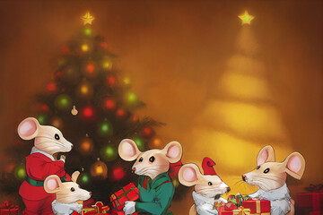 Fototapeta premium Cute Mice Opening Christmas Gifts
