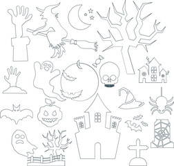 set of halloween line art icons and characters