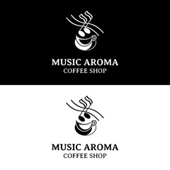 Mug and music notes aroma for retro vintage Coffee shop and live music cafe bar logo design