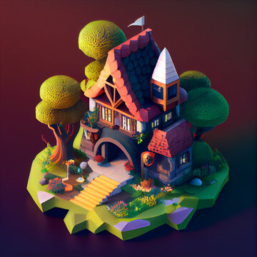 Isometric Diorama Of A Beautiful Fantasy Home Background. 3D Rendering