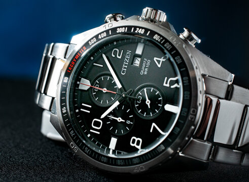 Close up or Macro photography of a CITIZEN quartz wrist watch with tachimeter and japanese movement, one of the most famous trade marks in watches.