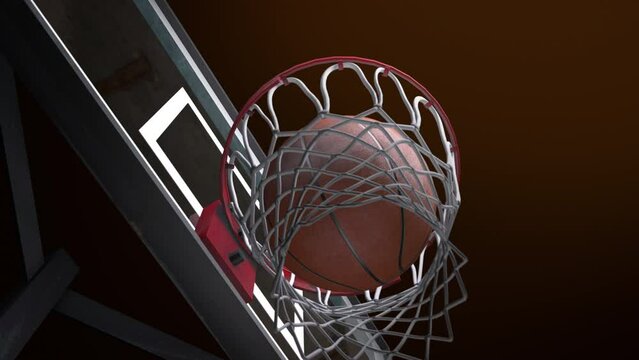 Beautiful Professional Throw in a Basketball Hoop Slow Motion Top View. Ball Flying Spinning into Basket Net. Sport Concept. 3d Animation	