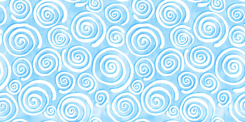 Tranquil blue seamless playful hand drawn kidult pinwheel squiggly line spiral doodle fabric pattern. Cute watercolor swirl background texture. Boys birthday, baby shower or nursery wallpaper design.