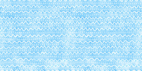 Tranquil blue seamless playful hand drawn kidult squiggly doodle lines and polka dot fabric pattern. Cute watercolor stripes background texture. Boys birthday, baby shower or nursery wallpaper design. - obrazy, fototapety, plakaty