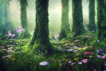 A fantasy magical green forest background. 3D illustration