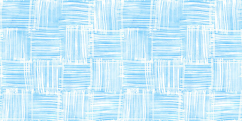 Tranquil blue seamless playful hand drawn kidult woven crosshatch checker doodle fabric pattern. Cute watercolor stripes background texture. Boys birthday, baby shower or nursery wallpaper design.