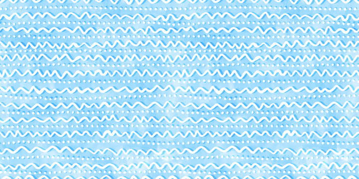 Tranquil blue seamless playful hand drawn kidult squiggly doodle lines and polka dot fabric pattern. Cute watercolor stripes background texture. Boys birthday, baby shower or nursery wallpaper design.