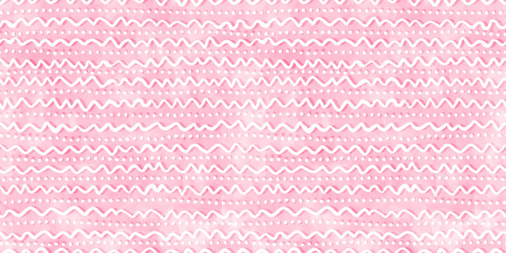 Barbie pink seamless hand drawn kidult squiggly doodle lines and polka dot fabric pattern. Cute watercolor stripes background texture. Girly girl birthday, baby shower or nursery wallpaper design.