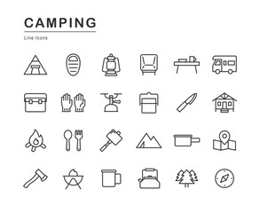 キャンプ用品の線画アイコンセット