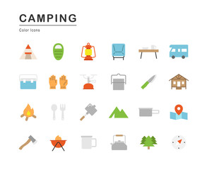 キャンプ用品のアイコンセット（線なし）