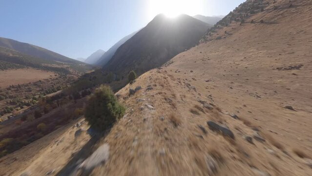 Aerial view SUV parking on desert mountain ridge surrounded by rocky wild landscape panorama. FPV sports drone shot car touristic automobile road trip adventure at cliff dry plant trees sky scenery 4k