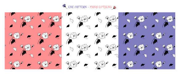 Seamless vector pattern dog rose white and black on different background set