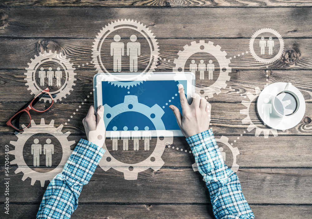 Poster concept of teamworking and connection with gears mechanism and tablet pc