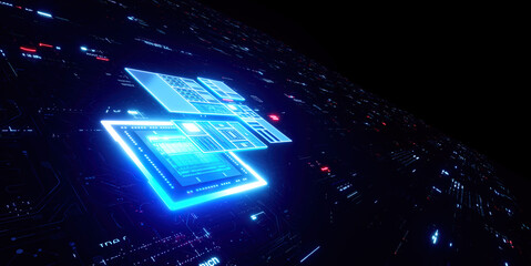 3D rendering of cyberpunk AI. Circuit board. Technology background. Central Computer Processors CPU and GPU concept. Motherboard digital chip. Tech science background.