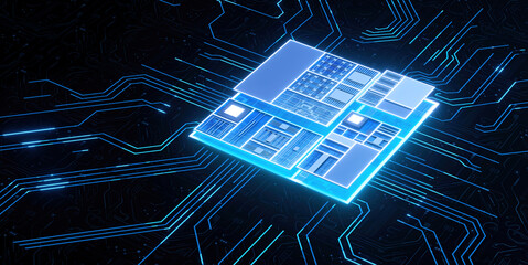 3D rendering of cyberpunk AI. Circuit board. Technology background. Central Computer Processors CPU and GPU concept. Motherboard digital chip. Tech science background.