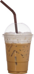 Ice capuchino in takeaway glass, topped with milk foam, on white background and black glass floor.
