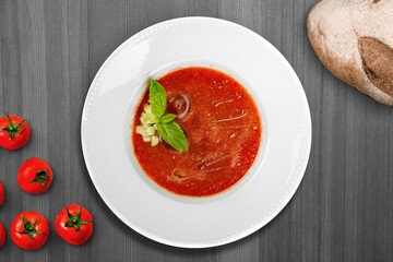 Tomato tasty fresh soup dish in bowl