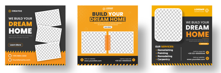 Construction social media post banner design Template with yellow color, Corporate construction tools social media post design, home improvement banner template, home repair social media post banner.