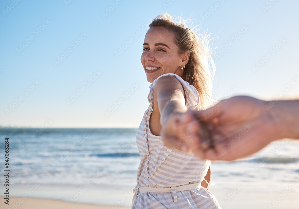 Wall mural Couple, beach and holding hands with woman in pov with love, smile and quality time together. Girl, man and hand touch with happiness, bonding and romance by ocean for happy couple in summer sunshine