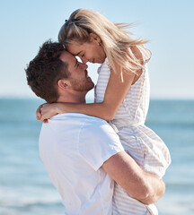 Beach, couple and hug, lifting and love, care and romantic date, summer vacation and sunshine...