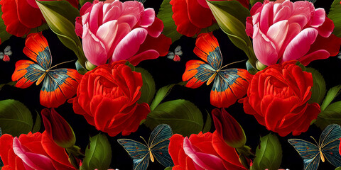 Seamless floral background with butterflies, peonies and roses on dark background. Floral pattern with colorful flowers. Repeat pattern for fabrics, wallpapers, wrappers, wedding invitations
