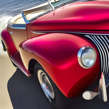 Going Topless #1007 - A close up of a mid-1940's cherry red sports car convertible on a beach, created using artificial intelligence. No brand names, makes, models, or source photos were used.