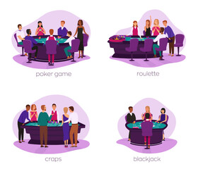 People play roulette, craps game, poker game and blackjack vector set. Four illustrations on the abstract background. Casino, gaming house flat illustration. Happy people characters. For design casino