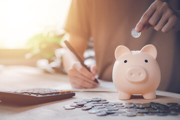 Piggy bank on wood table. Saving money wealth and financial concept. Business, finance, investment,...