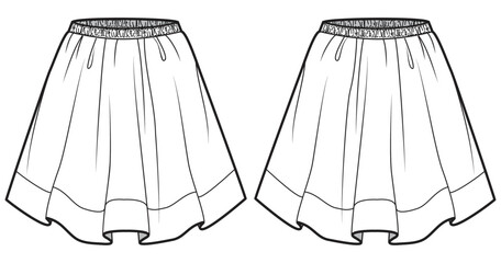 womens elastic waist short skirt flat sketch vector illustration technical cad drawing template