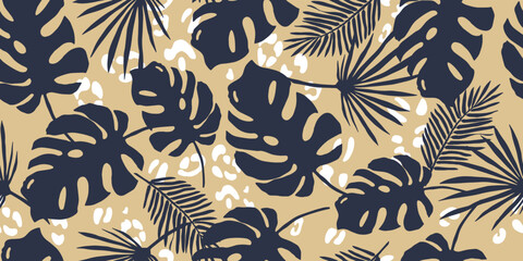 Tropical leaves seamless pattern. Leopard spots. Botanical background. Sun-scorched leaves. Vector pattern for printing on fabric and paper. 