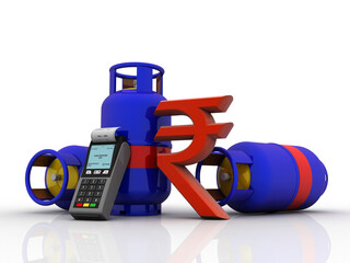 3D rendering illustration Gas Cylinder with Swipe machine near indian rupee