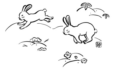 跳ねうさぎのイラスト　松竹梅　1色