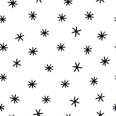 Seamless pattern with simple doodle snowflakes. Black and white vector picture.