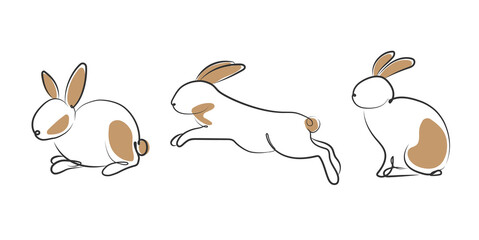 Continuous line drawing of rabbit set,  vector minimalistic simple hand-drawn. (Happy Chinese New Year 2023, year of the rabbit). vector design.