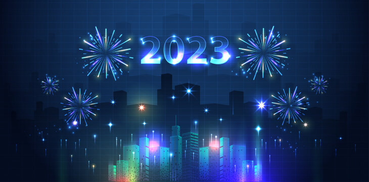 2023 happy new year city and fireworks in the sky above background. vecter design.