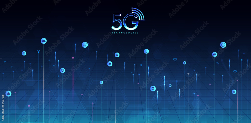 Poster 5g technology with computer network connection line between building. connectivity and global networ