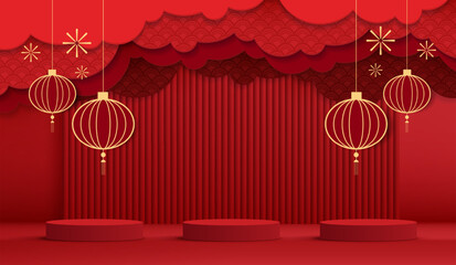 Podium stage chinese style for chinese new year and festivals or mid autumn festival with red background. mock up stage with festive lanterns and clouds. vector design.