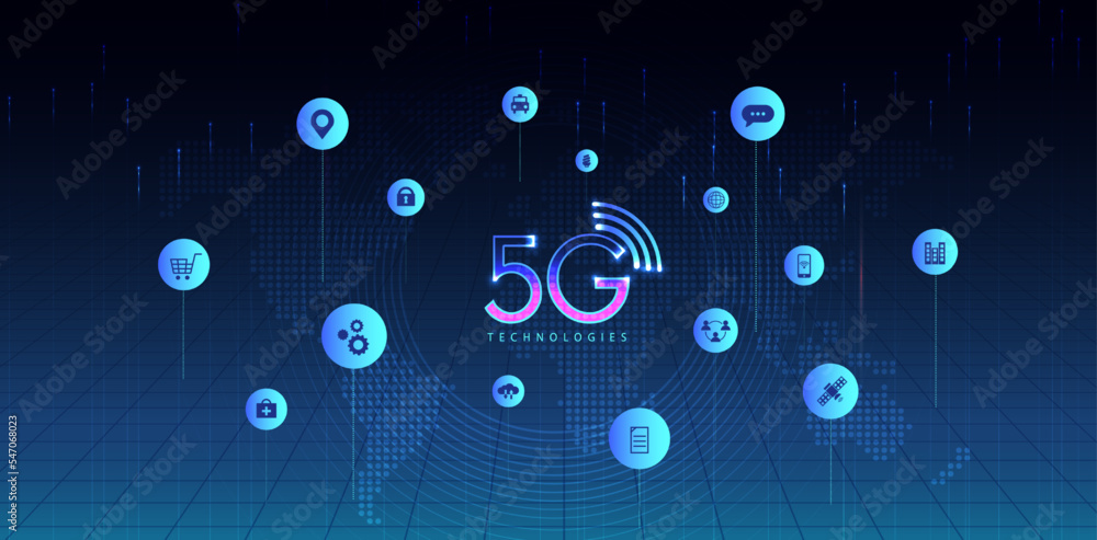 Poster 5g technology with computer network connection line between building. connectivity and global networ