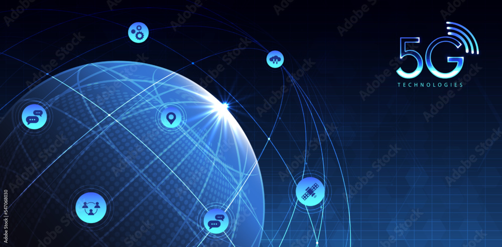 Poster 5g technology with computer network connection line between building. connectivity and global networ