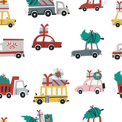Christmas seamless pattern with cute cars.
