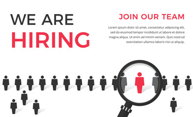 We are hiring concept with row of people with one red person under the magnifying glass