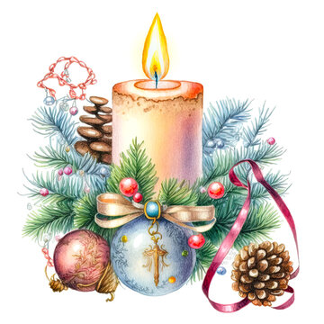 Christmas Decoration with Candle, Watercolor Illustration isolated on white Background