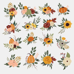 Vector autumn set of bouquets with pumpkins and sunflowers