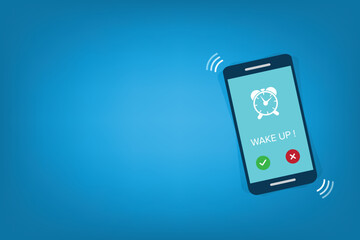 Alarm. Phone with app alarm clock on the screen.