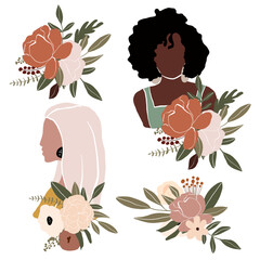 Vector abstract girl collection bundle with flowers and bouquets	
