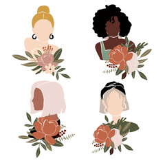Vector abstract girl collection bundle with flowers and bouquets	
