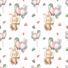 Watercolor Bunny sitting with Balloons. Seamless pattern. Cute animal for kids. Print