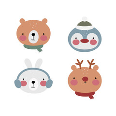 Set with winter animals. Bear, penguin, rabbit and deer. Vector illustration on a white background. For card, posters, stickers, icons, printing on the pack, printing on clothes, fabric, wallpaper.